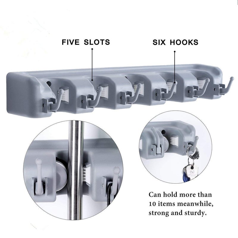SurpriseSeptember Mop and Broom Holder, Multipurpose Wall Mounted Heavy Duty Tool Organizer Storage Hooks,Ideal Broom Hanger for Kitchen Garden and Garage laundry room,5 Position with 6 Hooks - Image 2